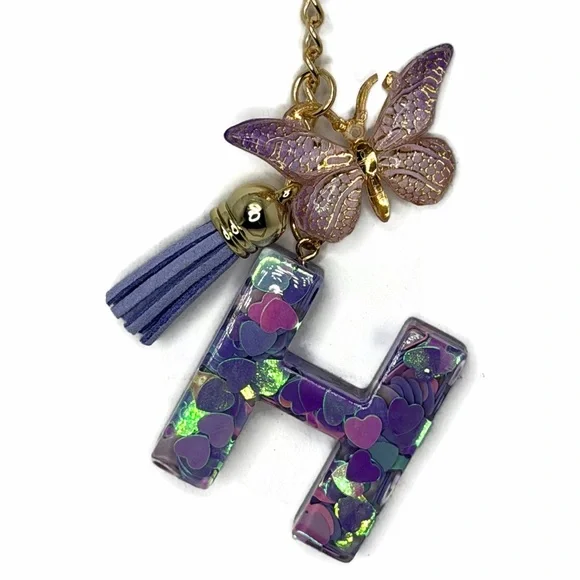 Purple Pink Hearts 'H' Butterfly Tassel Plastic Bag Charm Keychain - Picture 2 of 3